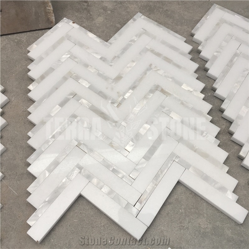 Thassos White Marble Herringbone Mosaic Tile Pearl Shell