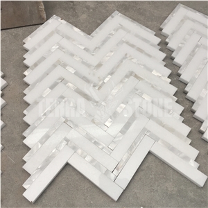 Thassos White Marble Herringbone Mosaic Tile Pearl Shell