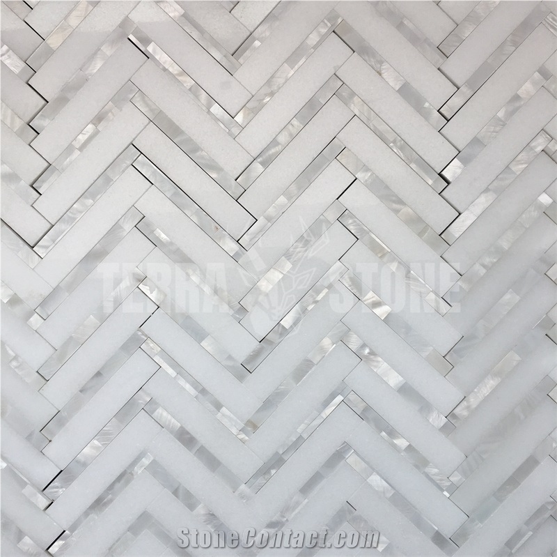 Thassos White Marble Herringbone Mosaic Tile Pearl Shell