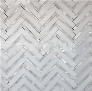 Thassos White Marble Herringbone Mosaic Tile Pearl Shell
