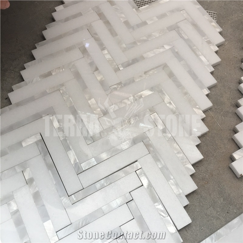 Thassos White Marble Herringbone Mosaic Tile Pearl Shell
