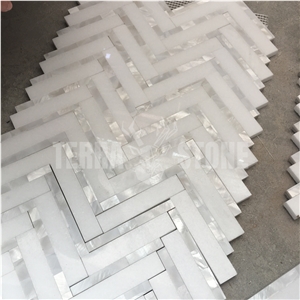 Thassos White Marble Herringbone Mosaic Tile Pearl Shell