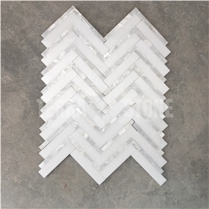 Thassos White Marble Herringbone Mosaic Tile Pearl Shell