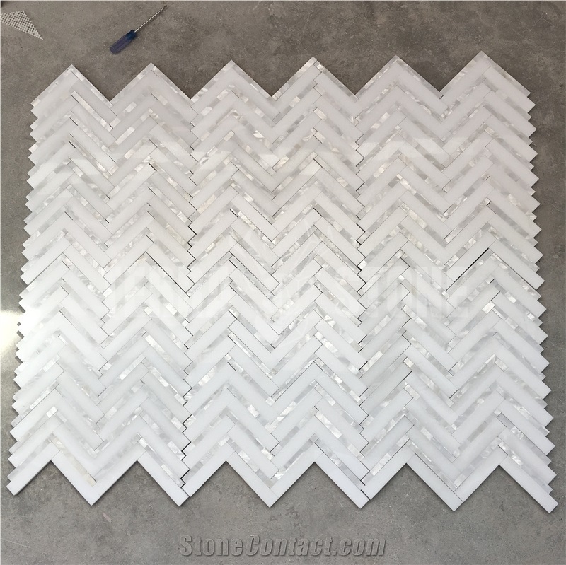 Thassos White Marble Herringbone Mosaic Tile Pearl Shell