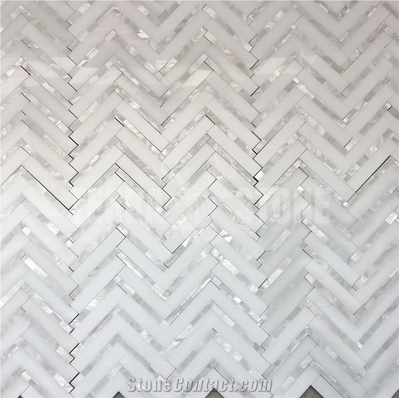 Thassos White Marble Herringbone Mosaic Tile Pearl Shell