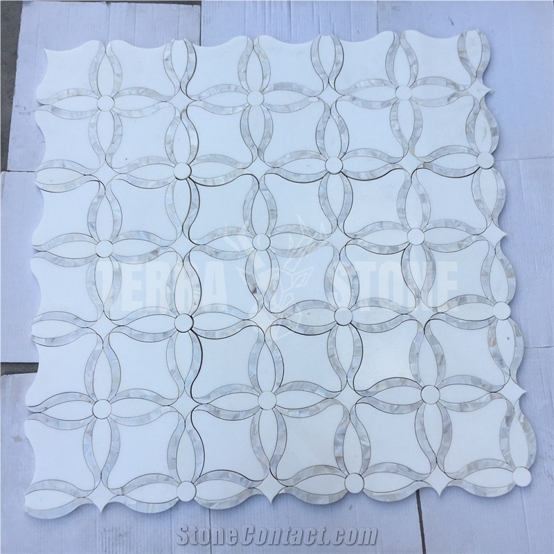 Thassos White Marble Pearl Shell Tile Waterjet Mosaics