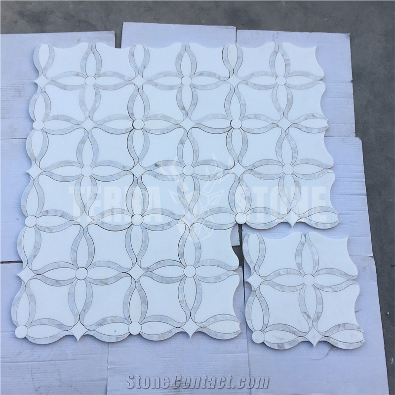 Thassos White Marble Pearl Shell Tile Waterjet Mosaics