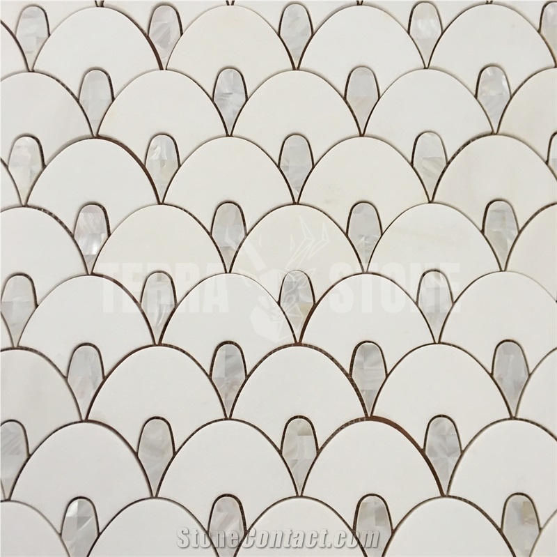 Water Jet Fish Scale White Marble Pearl Shell Mosaic Tile