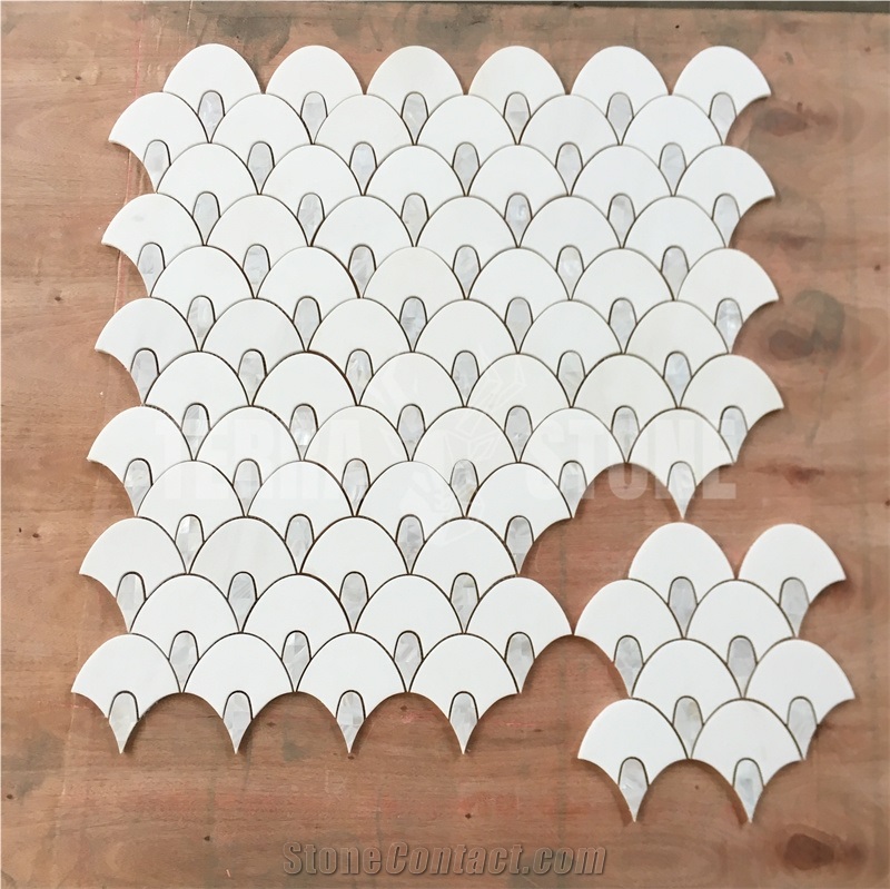 Water Jet Fish Scale White Marble Pearl Shell Mosaic Tile