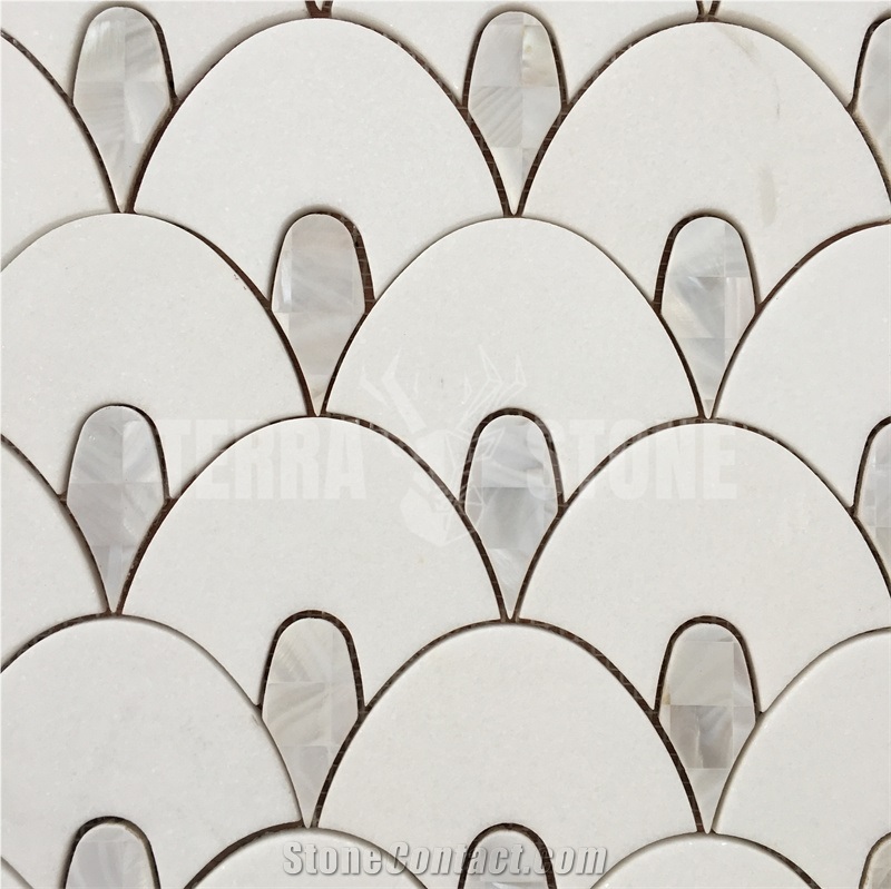 Water Jet Fish Scale White Marble Pearl Shell Mosaic Tile