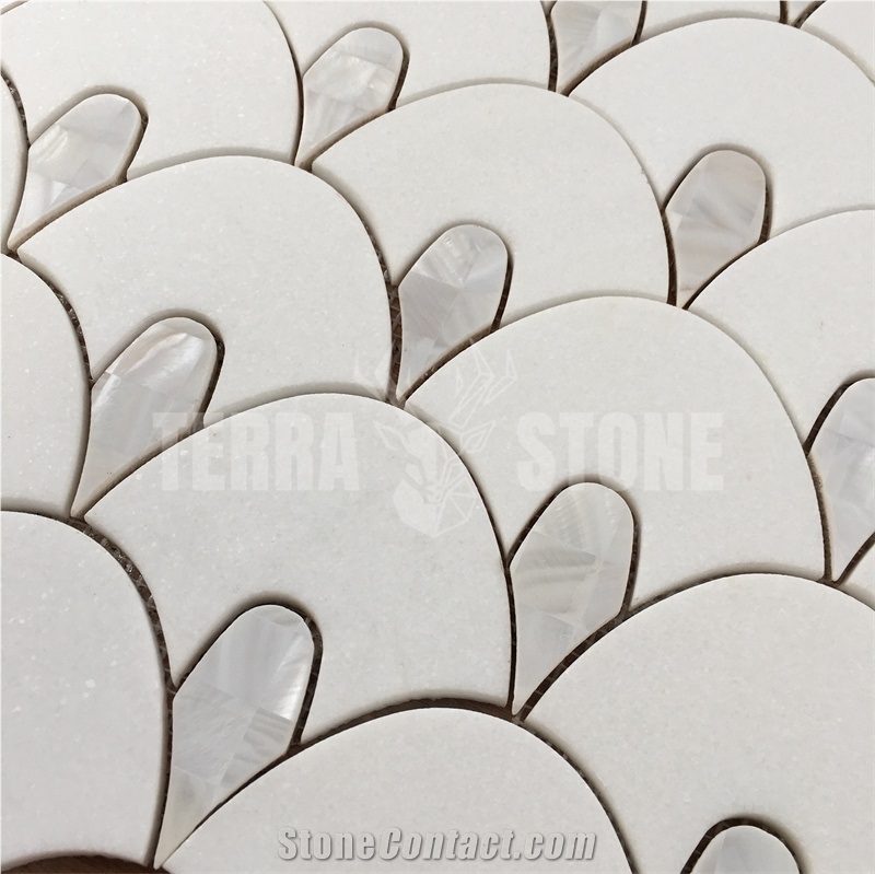 Water Jet Fish Scale White Marble Pearl Shell Mosaic Tile