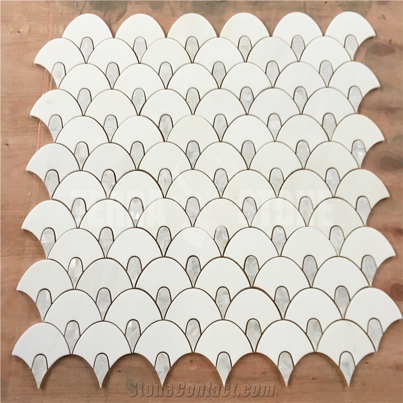 Water Jet Fish Scale White Marble Pearl Shell Mosaic Tile