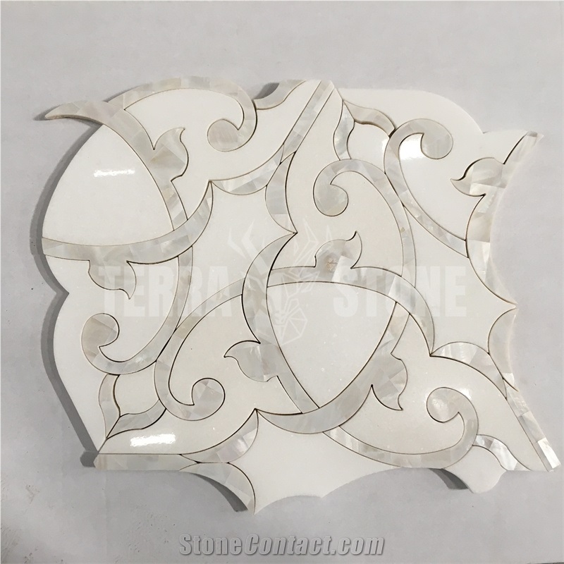Water Jet Mosaic White Marble Pearl Shell Floral Pattern