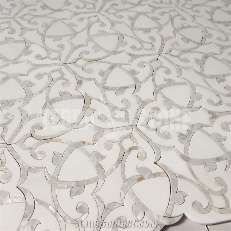 Water Jet Mosaic White Marble Pearl Shell Floral Pattern