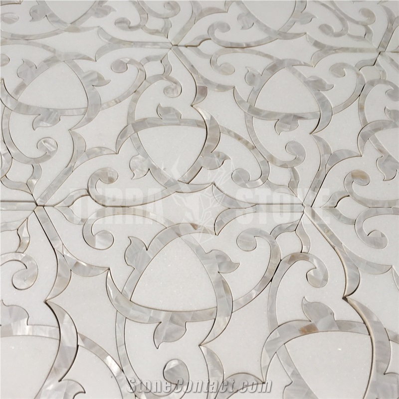 Water Jet Mosaic White Marble Pearl Shell Floral Pattern
