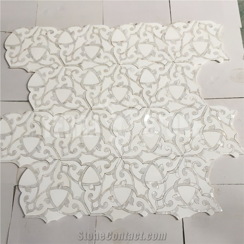 Water Jet Mosaic White Marble Pearl Shell Floral Pattern