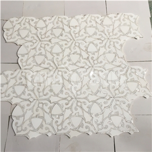 Water Jet Mosaic White Marble Pearl Shell Floral Pattern