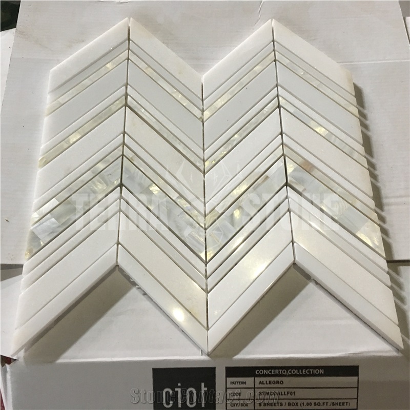 Water Jet White Stone Marble Shell Mosaic Chevron Kitchen