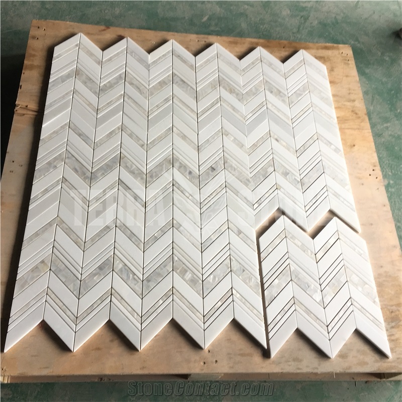 Water Jet White Stone Marble Shell Mosaic Chevron Kitchen