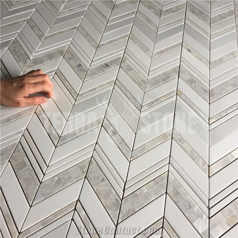 Water Jet White Stone Marble Shell Mosaic Chevron Kitchen