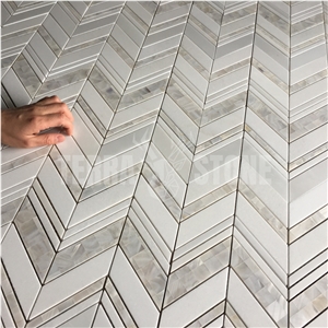 Water Jet White Stone Marble Shell Mosaic Chevron Kitchen