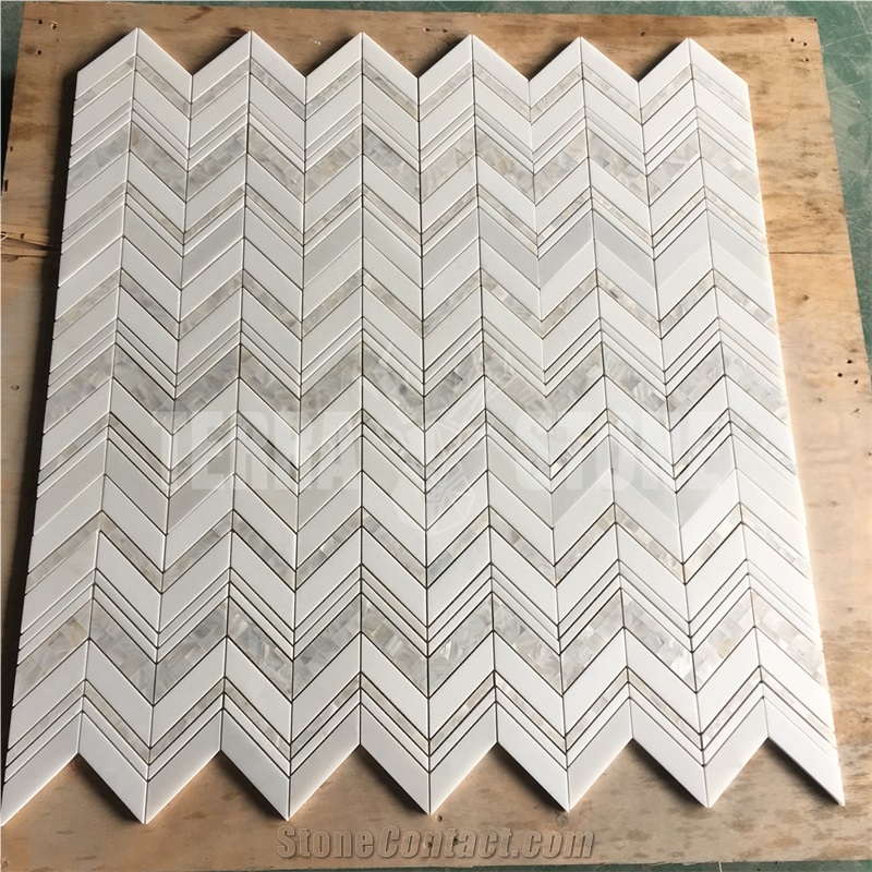 Water Jet White Stone Marble Shell Mosaic Chevron Kitchen