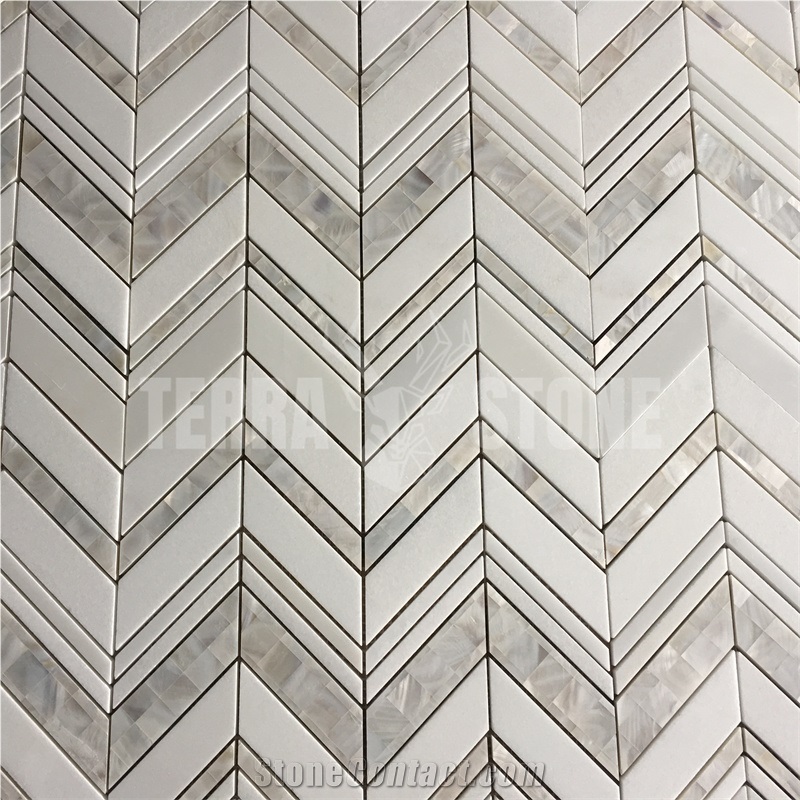 Water Jet White Stone Marble Shell Mosaic Chevron Kitchen