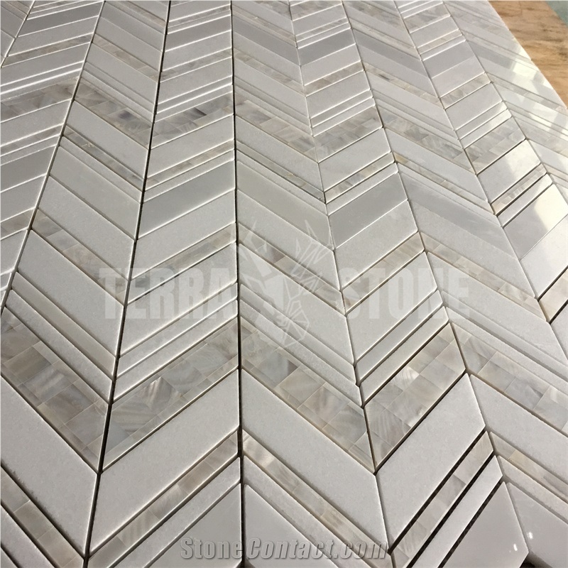 Water Jet White Stone Marble Shell Mosaic Chevron Kitchen