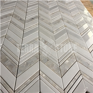 Water Jet White Stone Marble Shell Mosaic Chevron Kitchen