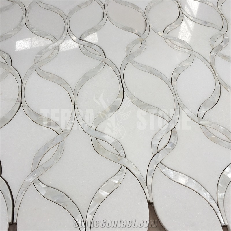 Water Jet White Stone With Pearl Shell Ribbon Pattern Tile