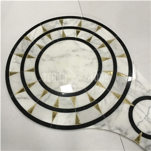 Waterjet Big Round Carrara White Marble Golden Glass Mosaic
