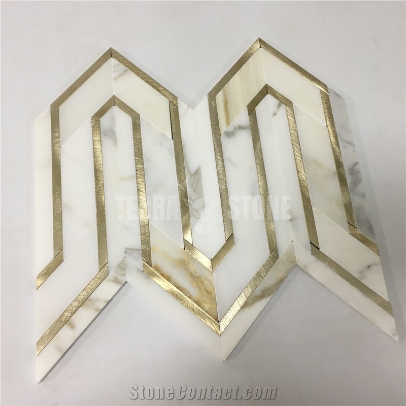 Waterjet Calacatta Gold Marble Golden Metal Mosaic Tiles