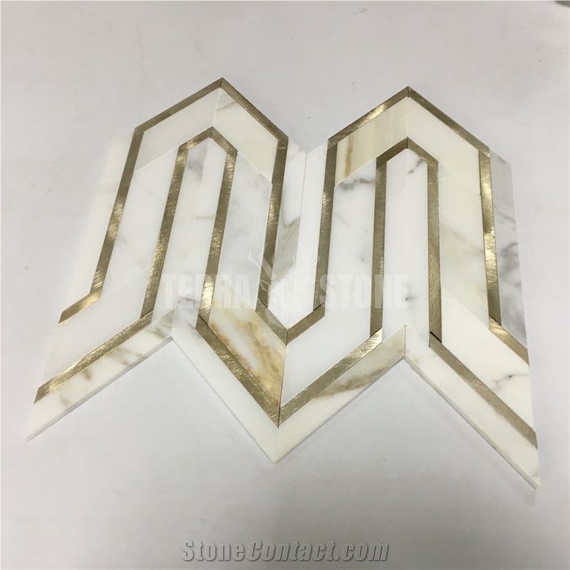 Waterjet Calacatta Gold Marble Golden Metal Mosaic Tiles