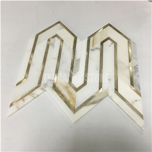Waterjet Calacatta Gold Marble Golden Metal Mosaic Tiles