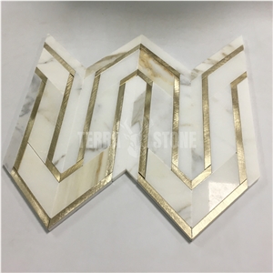 Waterjet Calacatta Gold Marble Golden Metal Mosaic Tiles