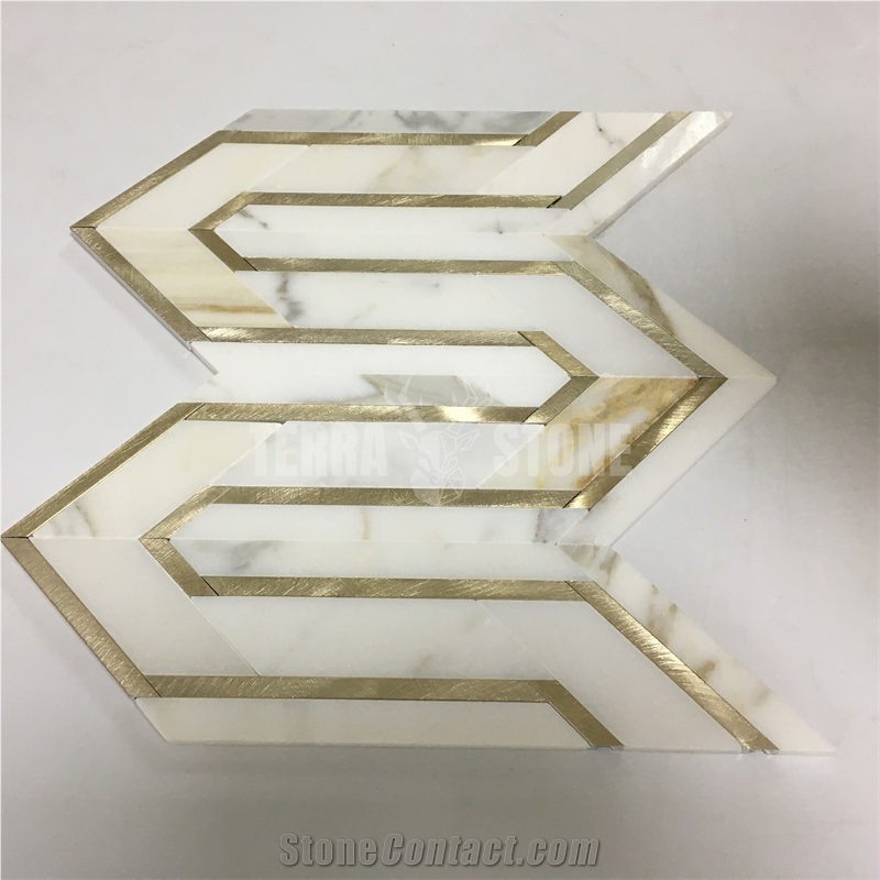 Waterjet Calacatta Gold Marble Golden Metal Mosaic Tiles