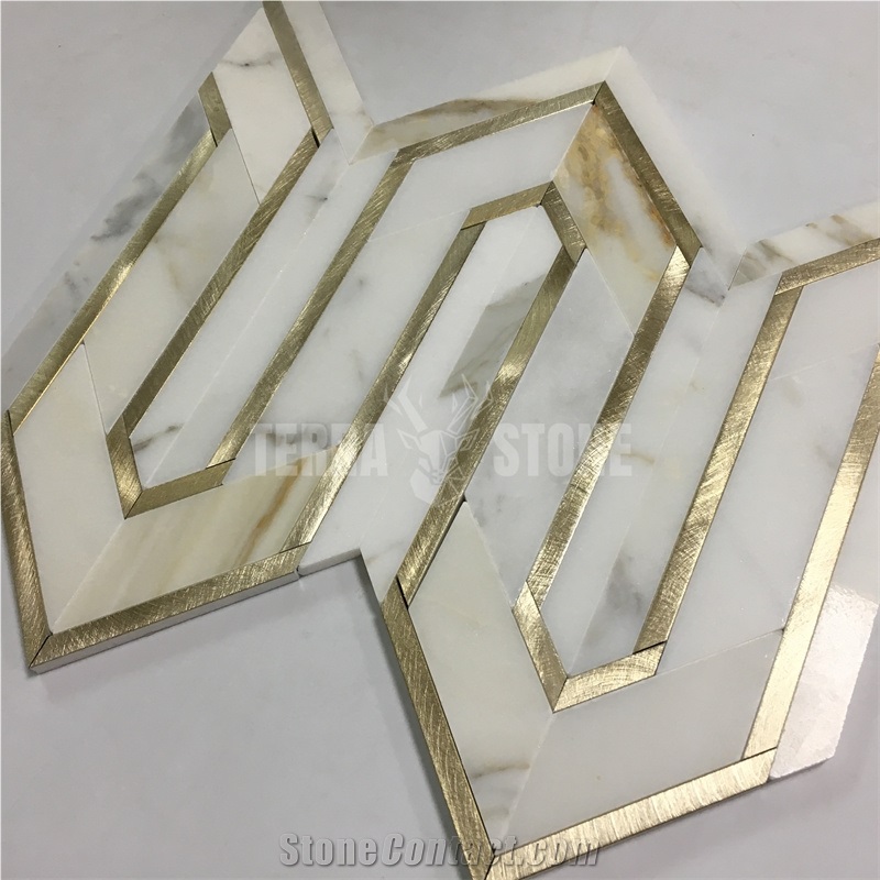 Waterjet Calacatta Gold Marble Golden Metal Mosaic Tiles