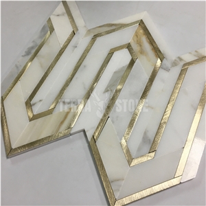 Waterjet Calacatta Gold Marble Golden Metal Mosaic Tiles