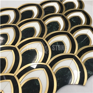 Waterjet Fish Scale White Black Marble Golden Metal Mosaic
