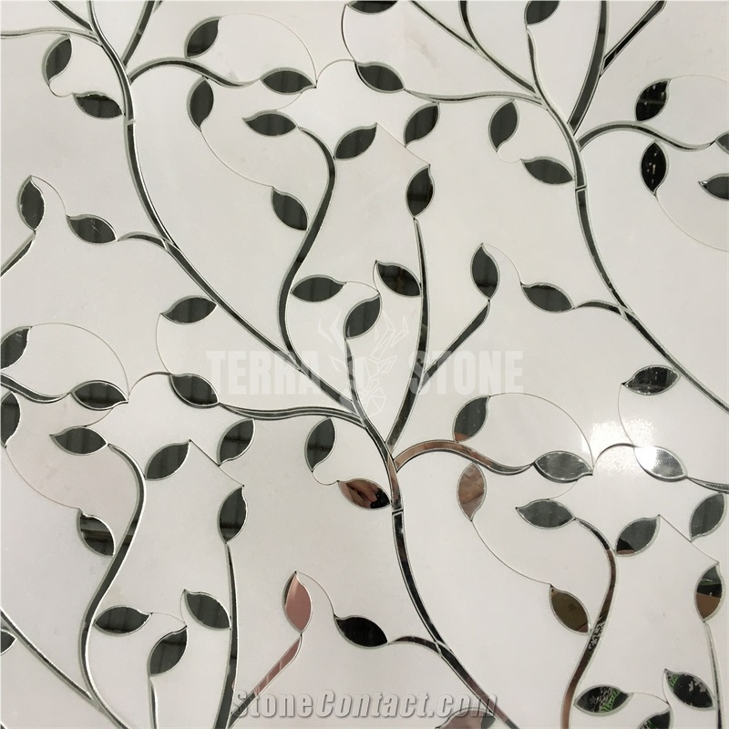 Waterjet Marble And Glass Mosaic For Bathroom Feature Wall