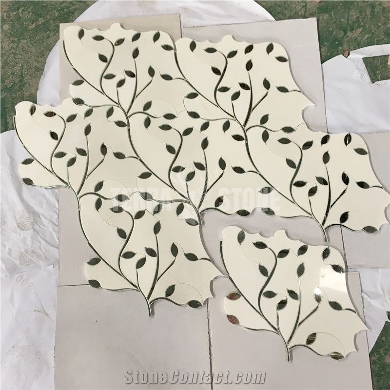 Waterjet Marble And Glass Mosaic For Bathroom Feature Wall