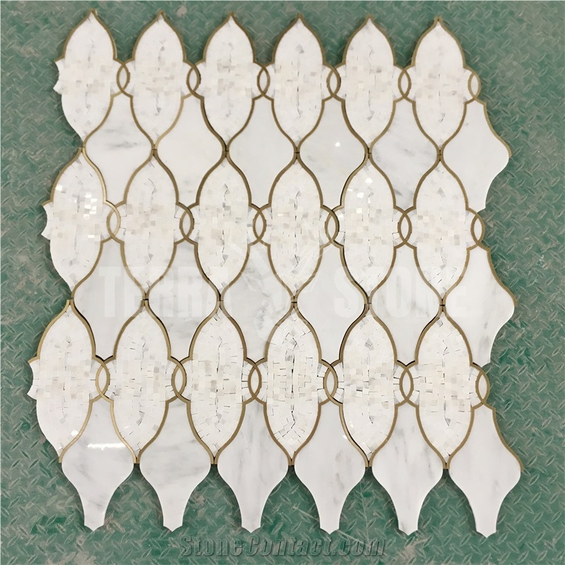 Waterjet Marble Mosaic Lantern Design Brass Inlay Wall Tile