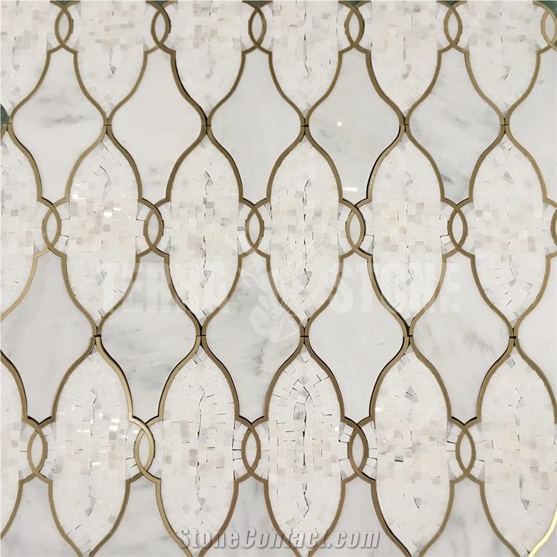 Waterjet Marble Mosaic Lantern Design Brass Inlay Wall Tile
