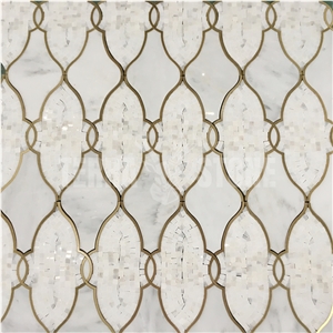 Waterjet Marble Mosaic Lantern Design Brass Inlay Wall Tile