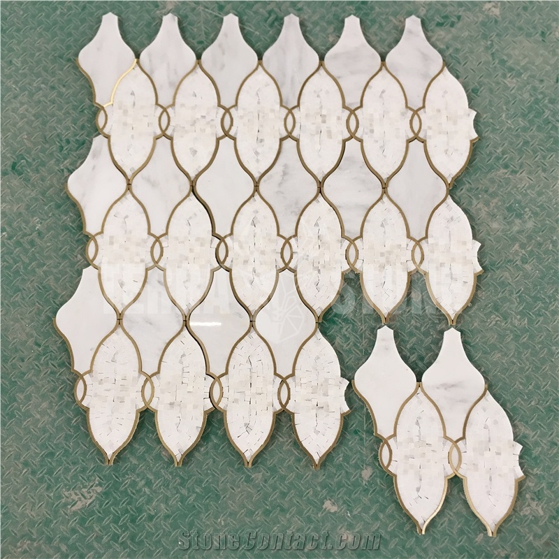 Waterjet Marble Mosaic Lantern Design Brass Inlay Wall Tile