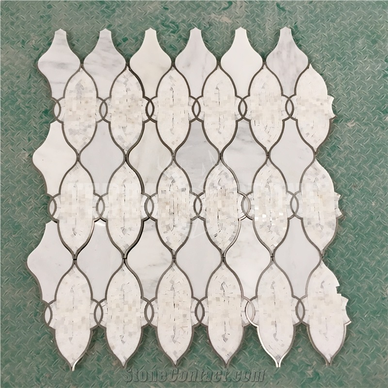 Waterjet Marble Mosaic Lantern Design Brass Inlay Wall Tile