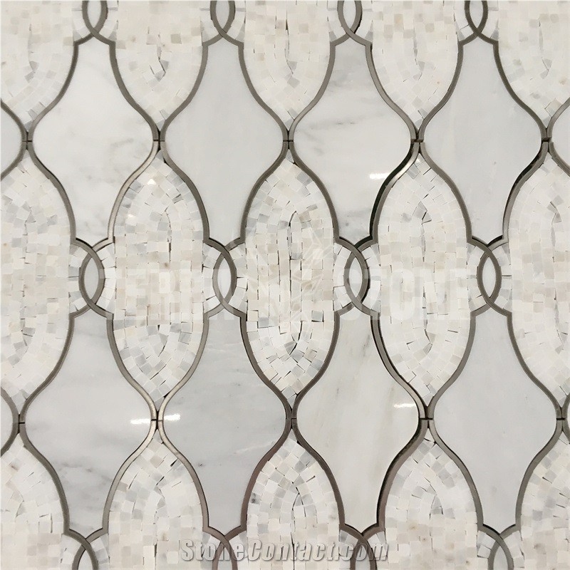 Waterjet Marble Mosaic Lantern Design Brass Inlay Wall Tile