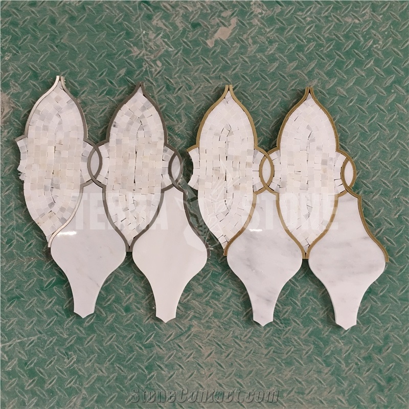 Waterjet Marble Mosaic Lantern Design Brass Inlay Wall Tile