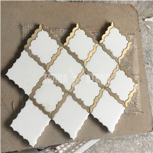 Waterjet Marble Mosaic Lantern Design With Brass Shower Tile