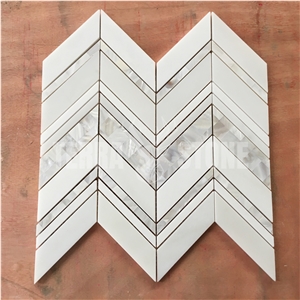 Waterjet Mosaic Chevron Design White Marble Pearl Shell Tile